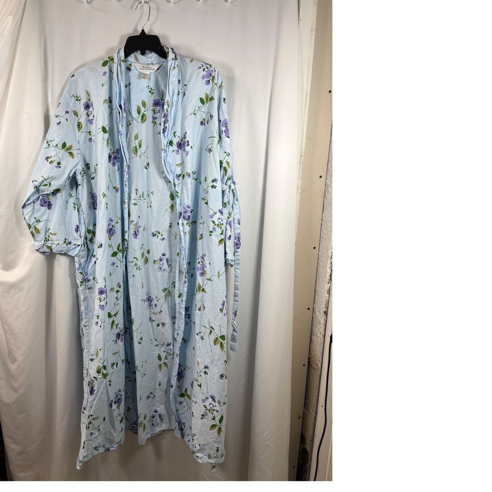 Vermont Country Store Womens 2XL Blue Floral Cotton Robe Housecoat Tie Waist